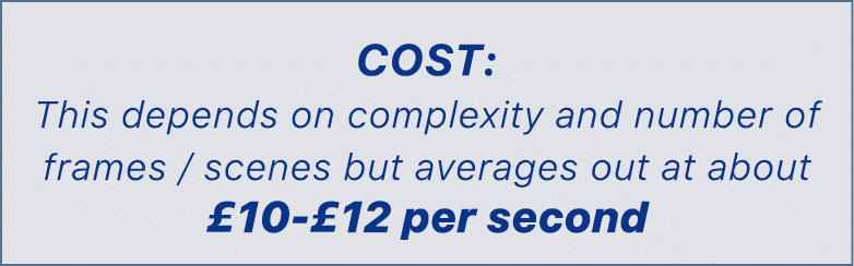 COST: This depends on complexity and number of frames / scenes but averages out at about £10 £12 per second