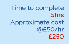 Time to complete 5hrs Approximate cost @£50/hr £250