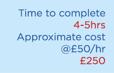 Time to complete 4 5hrs Approximate cost @£50/hr £250