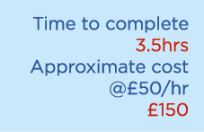 Time to complete 3.5hrs Approximate cost @£50/hr £150