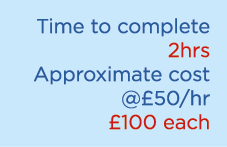 Time to complete 2hrs Approximate cost @£50/hr £100 each