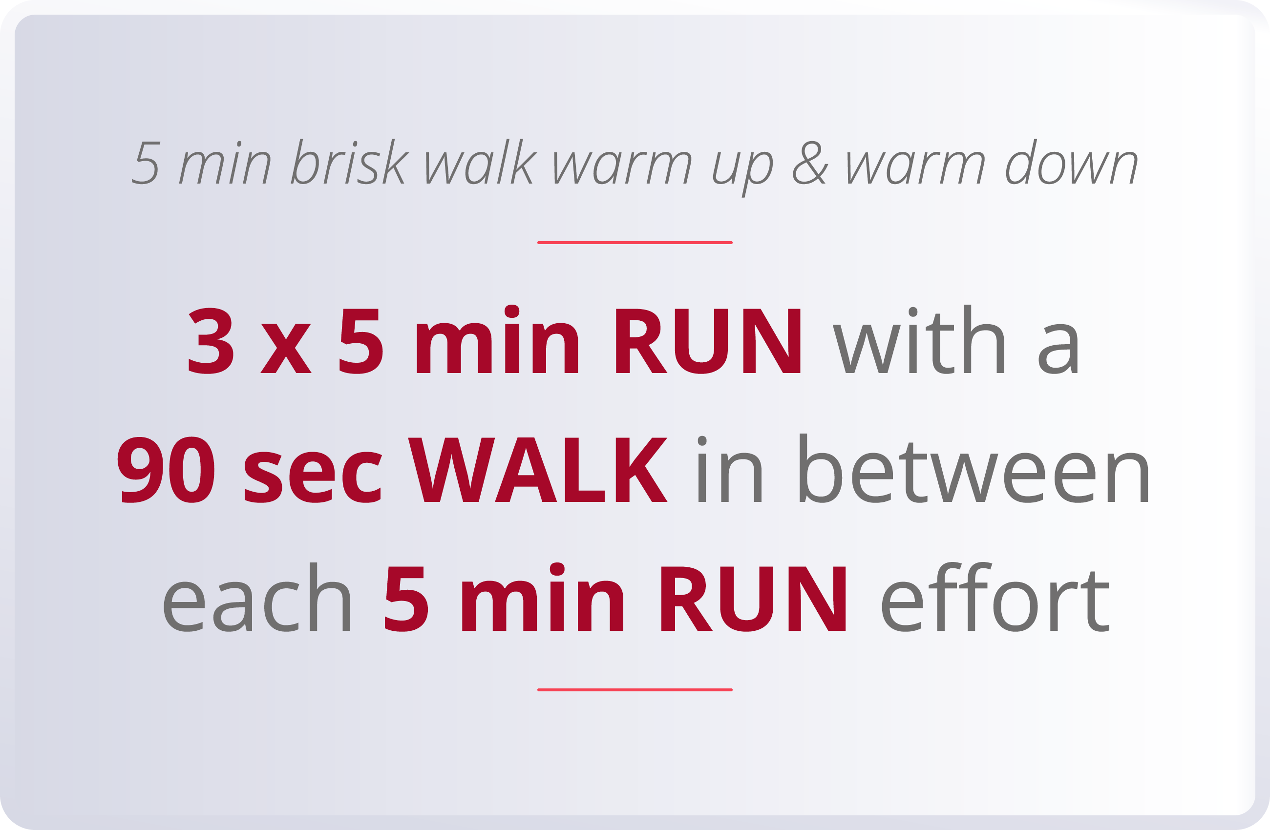 5 min brisk walk warm up & warm down  3 x 5 min RUN with a 90 sec WALK in between each 5 min RUN effort 