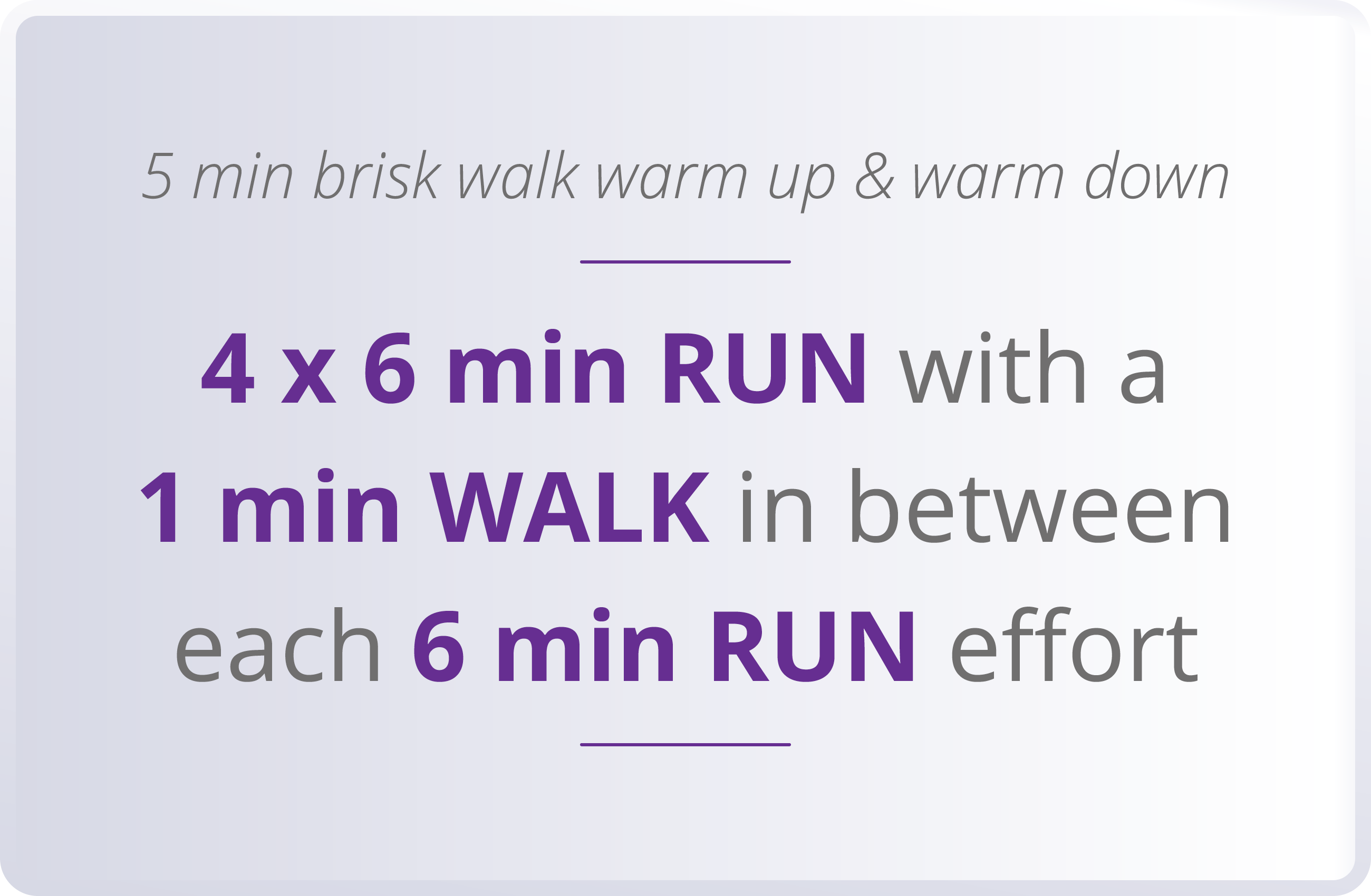 5 min brisk walk warm up & warm down  4 x 6 min RUN with a 1 min WALK in between each 6 min RUN effort 