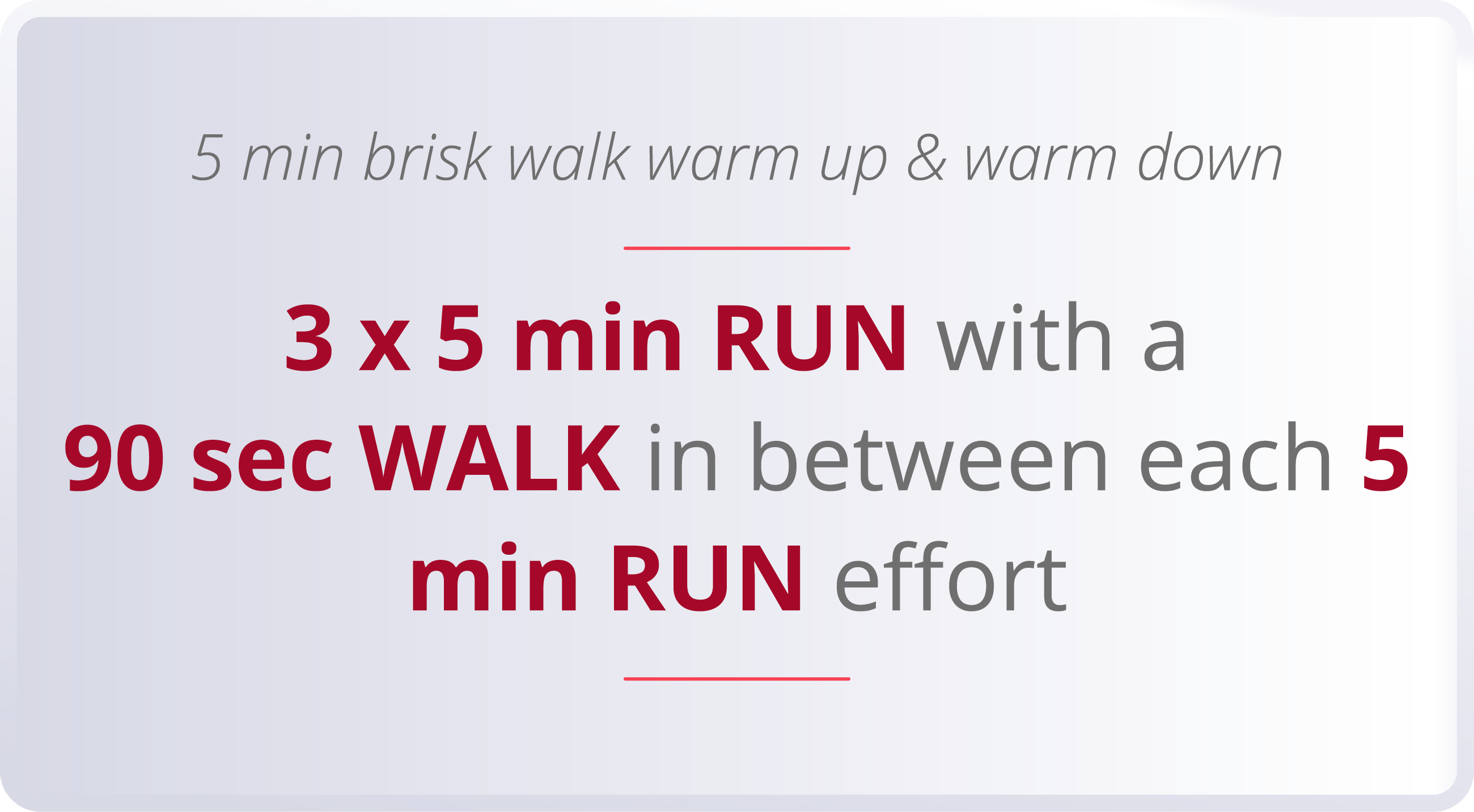 5 min brisk walk warm up & warm down  3 x 5 min RUN with a 90 sec WALK in between each 5 min RUN effort 