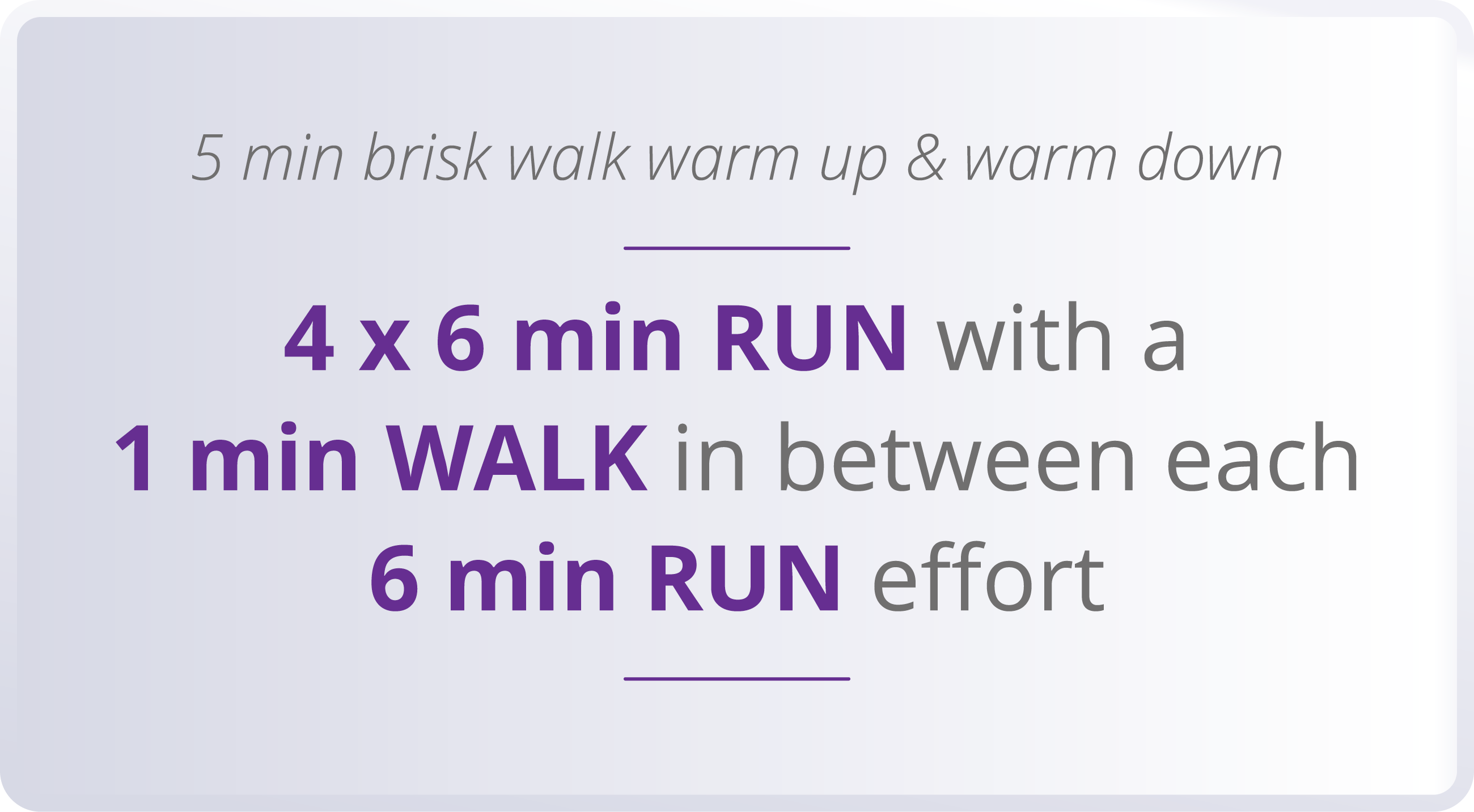 5 min brisk walk warm up & warm down  4 x 6 min RUN with a 1 min WALK in between each 6 min RUN effort 